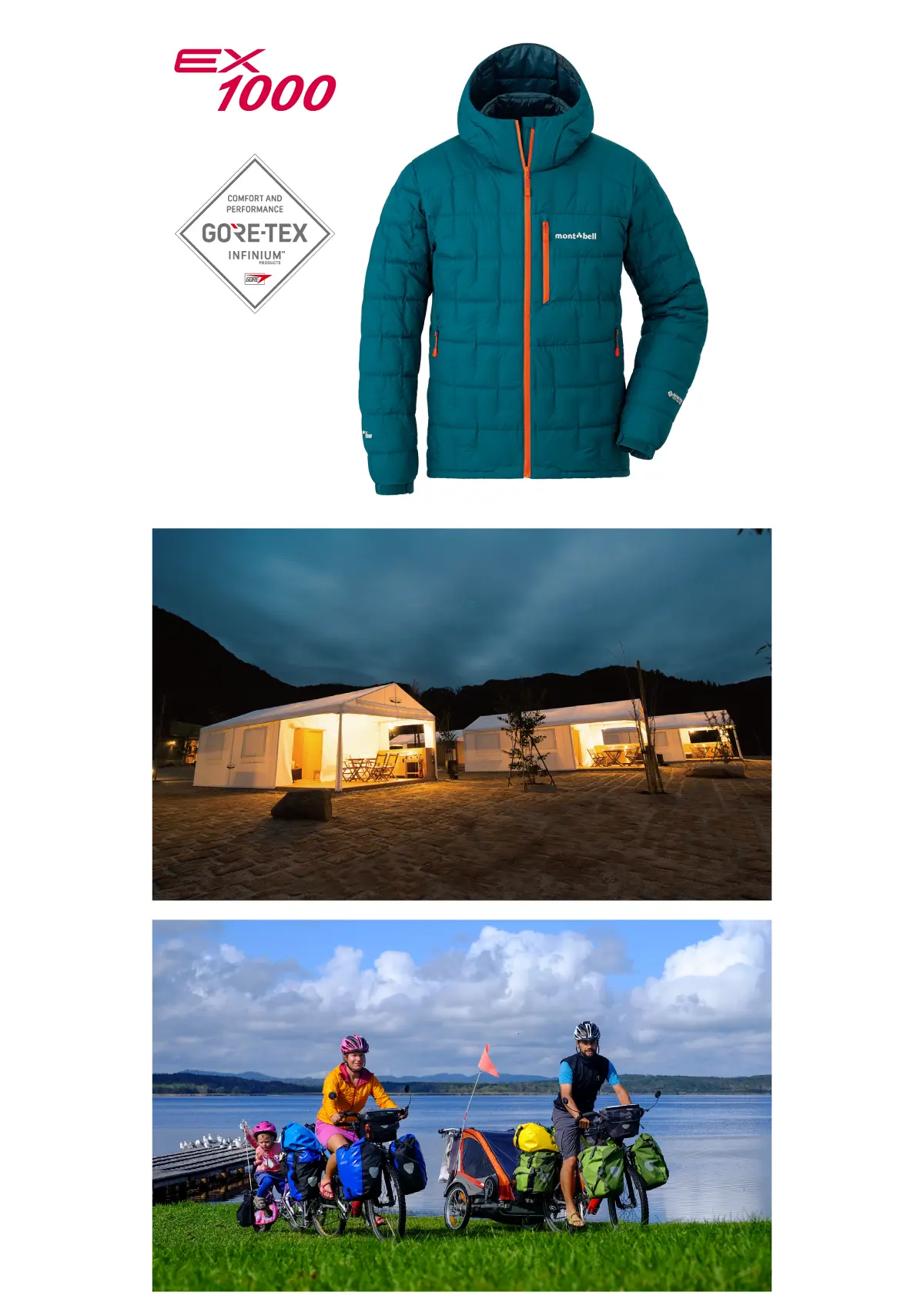 Down jacket "Ignis Down Parka" that won the "2019 Editors' Choice Snow Award"; Campsite of "Montbell Gokayama Base Camp" illuminated by lights in the darkness; Swiss Pachet family, winners of the Montbell Challenge Award, traveling by bicycle along a waterfront