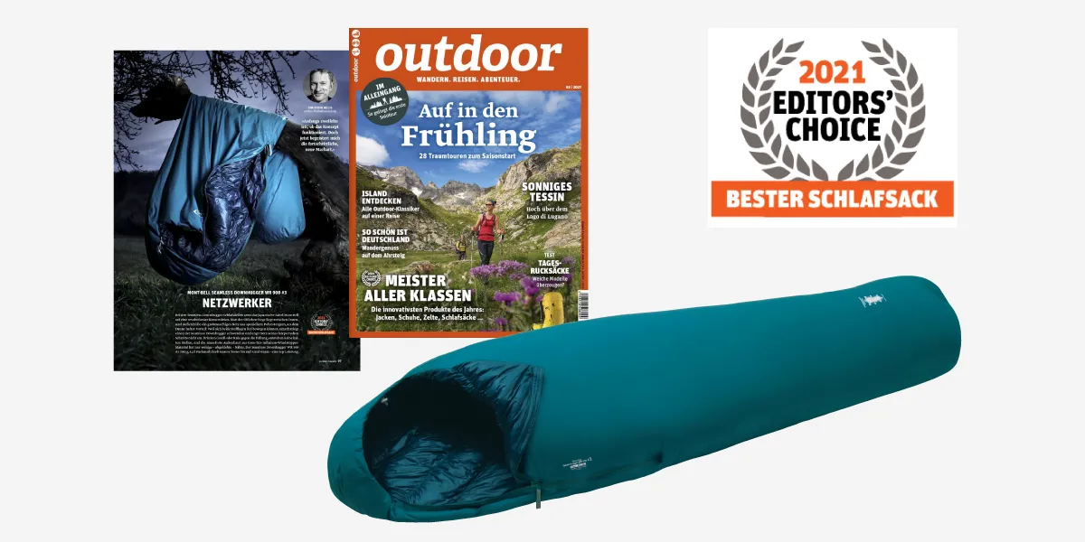 Product image of Dry Seamless Down Hugger 900 #3, photo of an article from the outdoor magazine "Outdoor", and logo image of "2021 Editors' Choice Award"