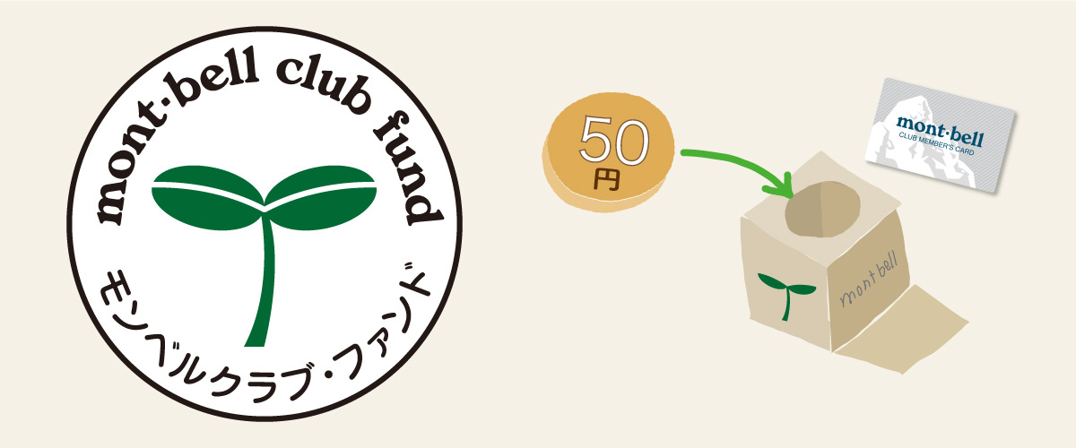 An illustration explaining the Mont-Bell Club Fund. It depicts an image of 50 yen being saved in a box for each club member.