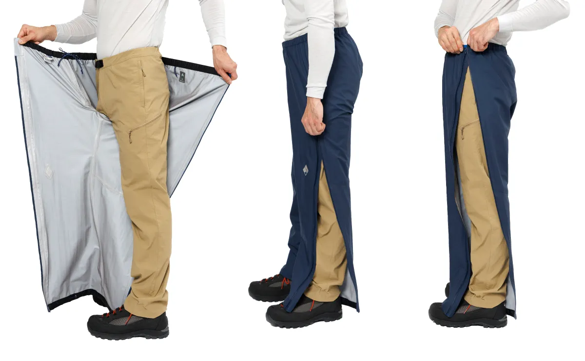 An image showing the steps of wearing rain pants, from the side zipper being open to connecting the zipper for wear.  The explanation follows later.