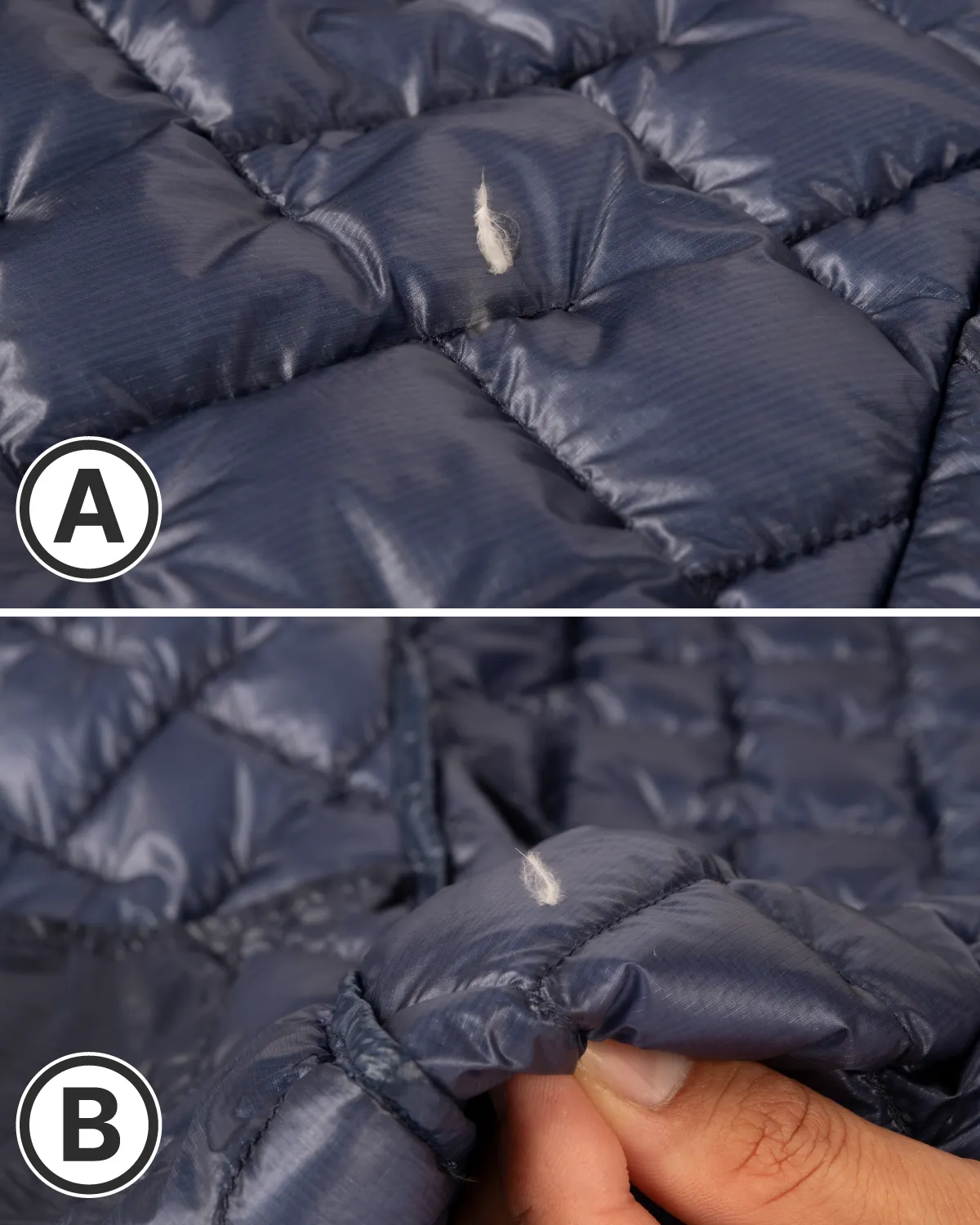 A. Down feathers protruding from the seams of down outerwear, B. Down feathers protruding from the fabric