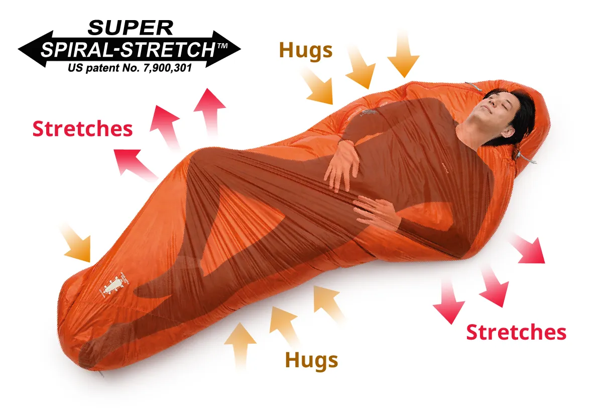 Photo of a man sleeping in the Seamless Down Hugger, flexing to match his posture
