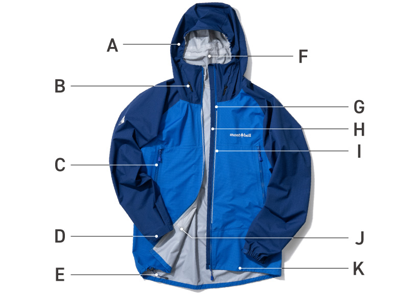 The overall image of the jacket shows the corresponding features from A to K. Please see the descriptions below for details on each feature.