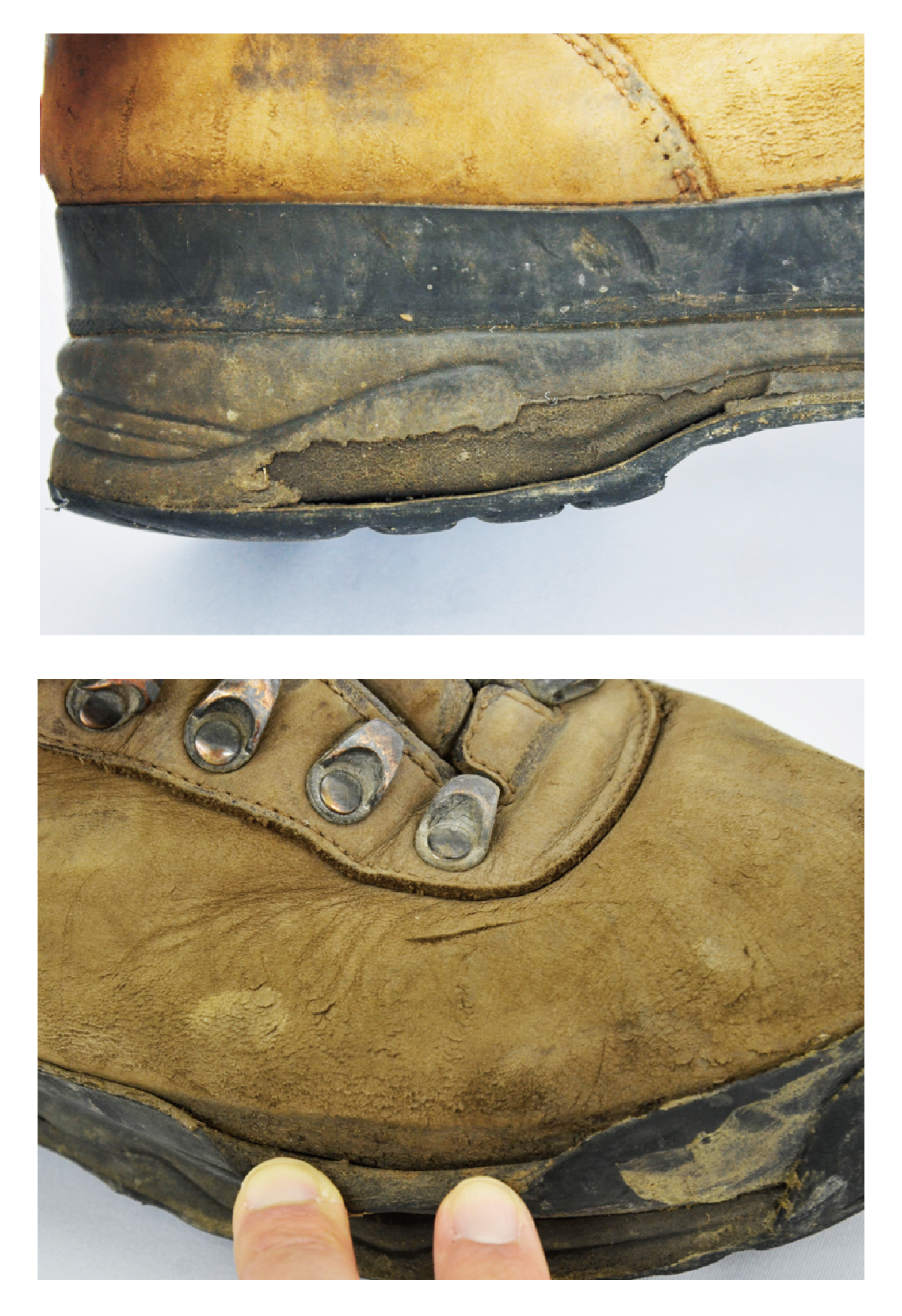 Two images demonstrating the aging and wear of boots. One image shows the side of the heel peeling off due to long-term wear and tear. The other image shows the land rubber detaching due to the deterioration of the adhesive over time.