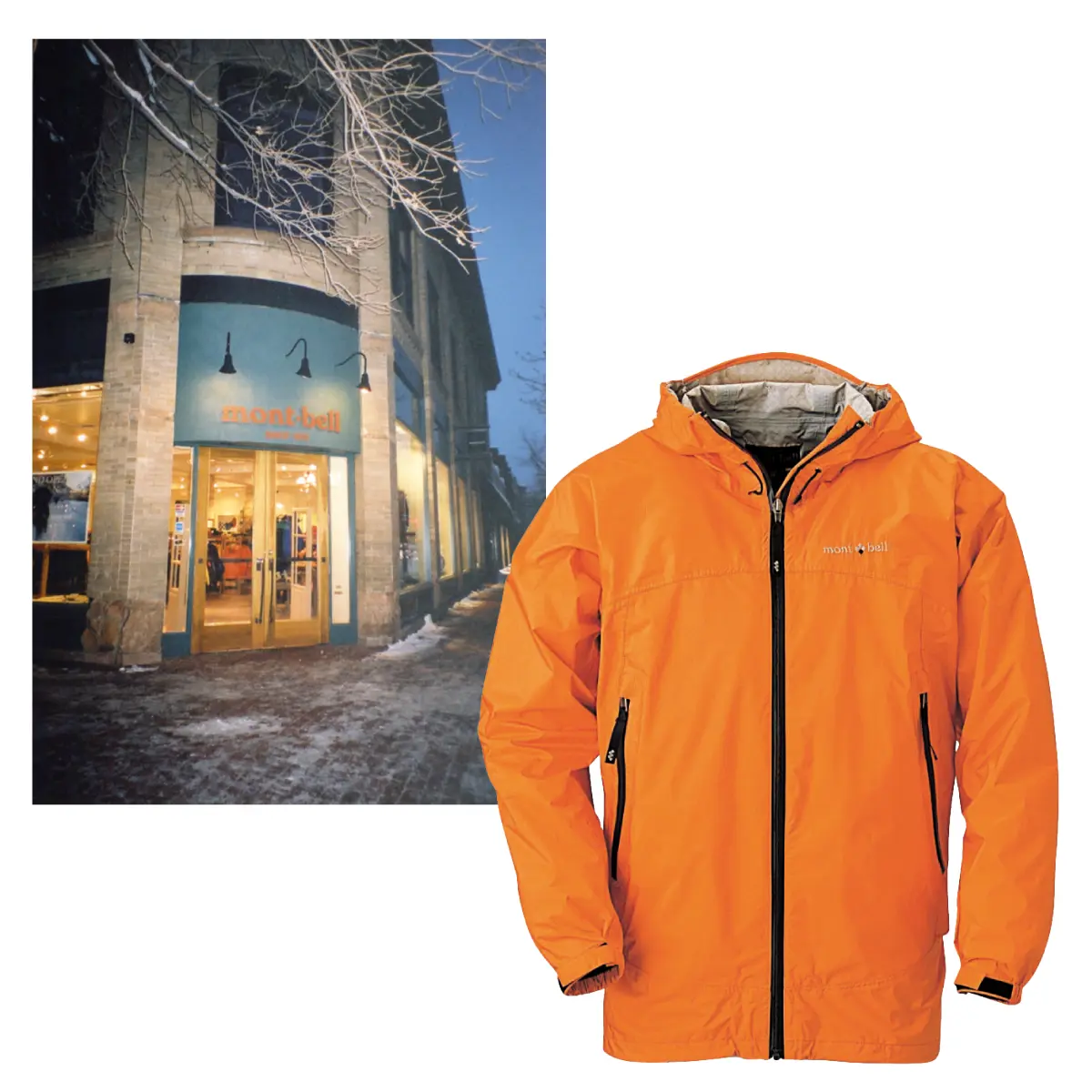 Exterior photo of the first Montbell store in America, located in Boulder; Orange rain wear "Versalite Jacket"