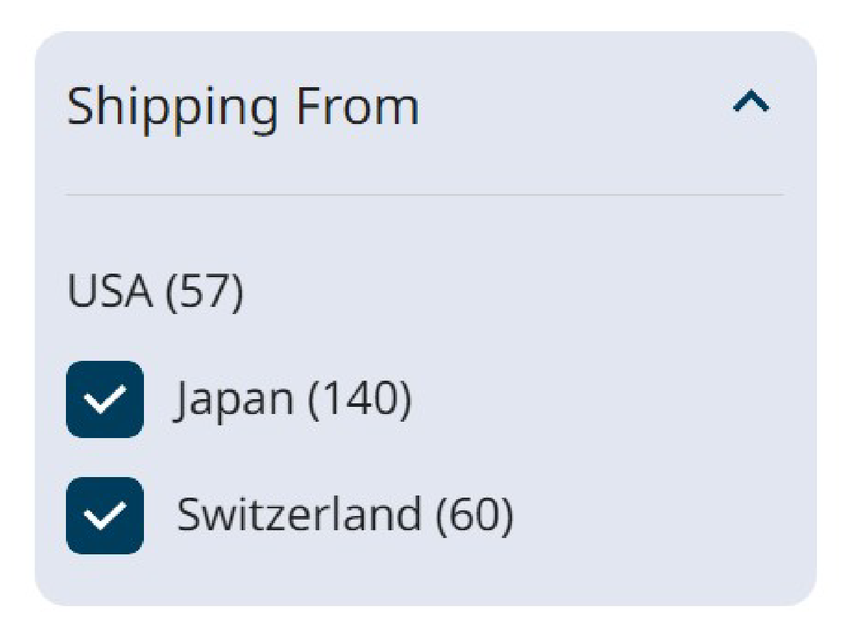 Image of a filter for selecting shipping origins from USA, Japan, and Switzerland. The explanation is provided earlier.