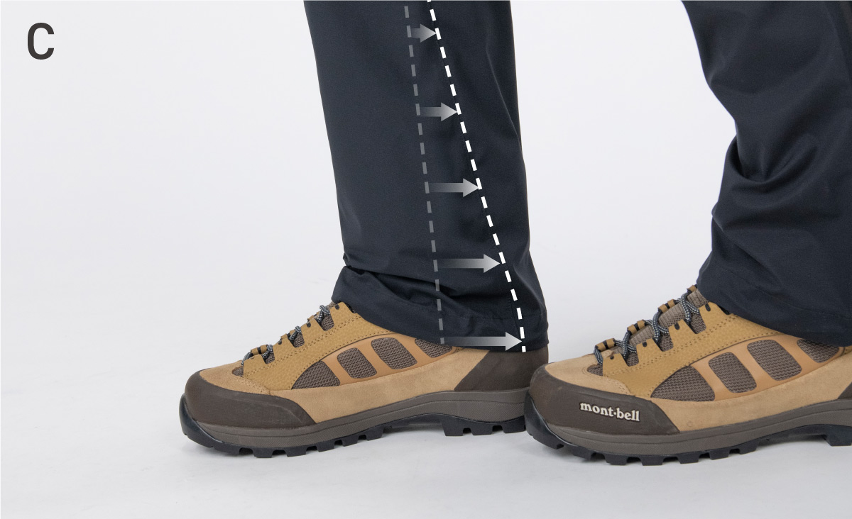 This diagram shows that the seam on the inside of the pant hem is sewn in a way that shifts towards the back as it goes down the hem.