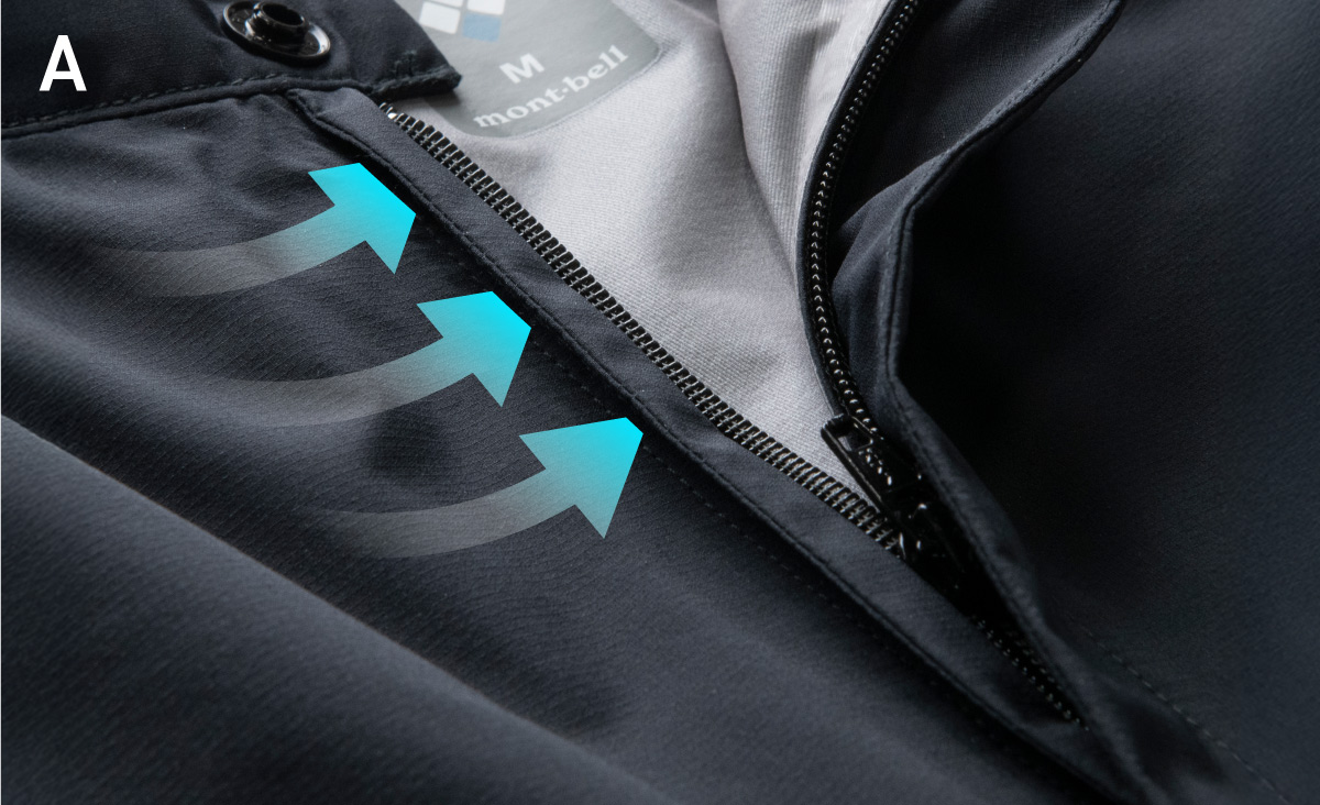 A close-up view with the front zipper open. It has a flap that folds over along the fabric, designed to prevent water droplets from entering through the fabric.