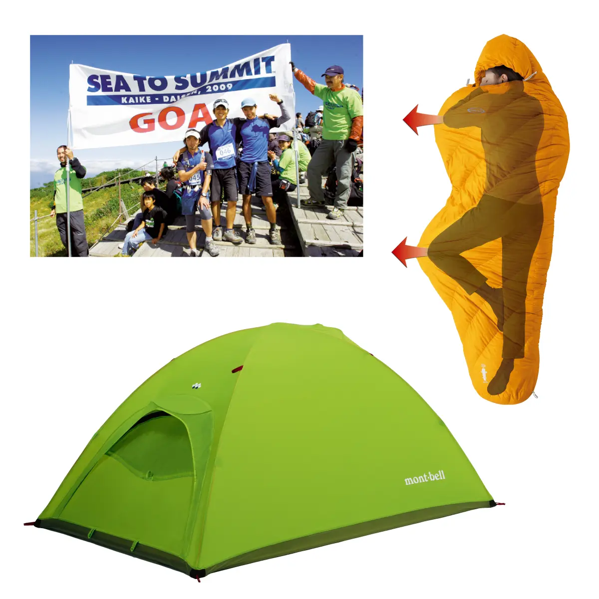 Three people who finished the SEA TO SUMMIT event embracing each other; "Editor's Choice Award" winning sleeping bag "U.L. Spiral Down Hugger"; World's lightest self-standing dome shelter "U.L. Dome Shelter".