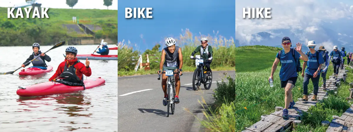 Participants of SEA TO SUMMIT are enjoying kayaking, cycling, and mountain climbing.
