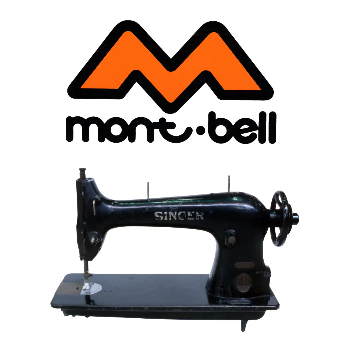 Montbell logo from the company's founding; Black sewing machine used at the time of establishment