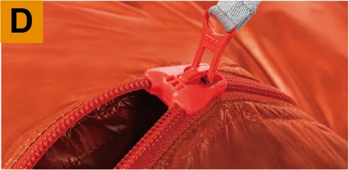Close-up of automatic lock zipper and anti-snag part