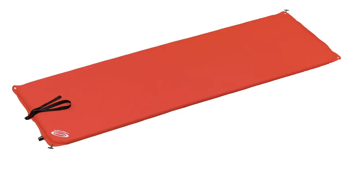 A red sleeping pad "U.L. Comfort System Pad" shown in its expanded state.