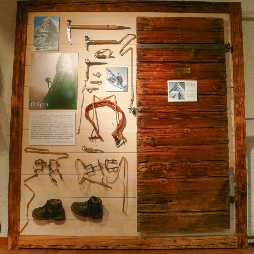 History corner of CEO Isamu Tatsuno. Displays gear used during the ascent of the Eiger North Face.