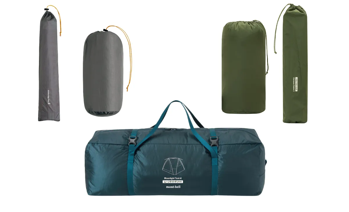 Three types of tents shown packed in their stuff sacks.