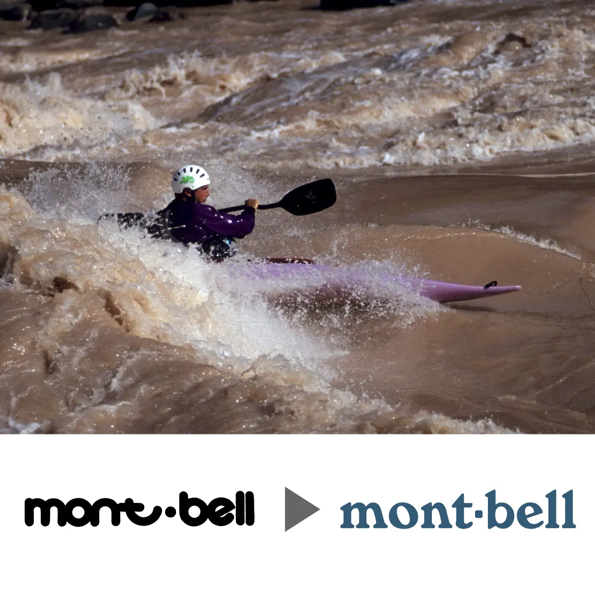 A man kayaking through rapids; Montbell logo (left is the previous logo, right is the updated logo)