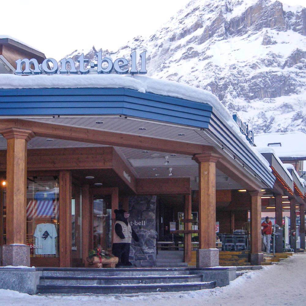 Winter exterior of the Grindelwald store with snow-covered mountains