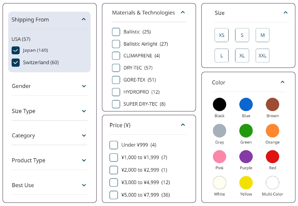 Screenshot with examples of search filters (shipping location, material, price, size, color) each enclosed in black frames