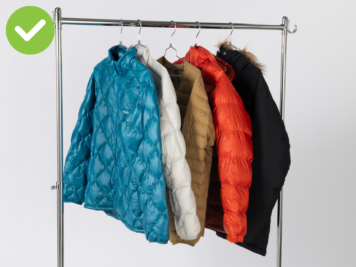 Image of downwear being stored by hanging it on a hanger