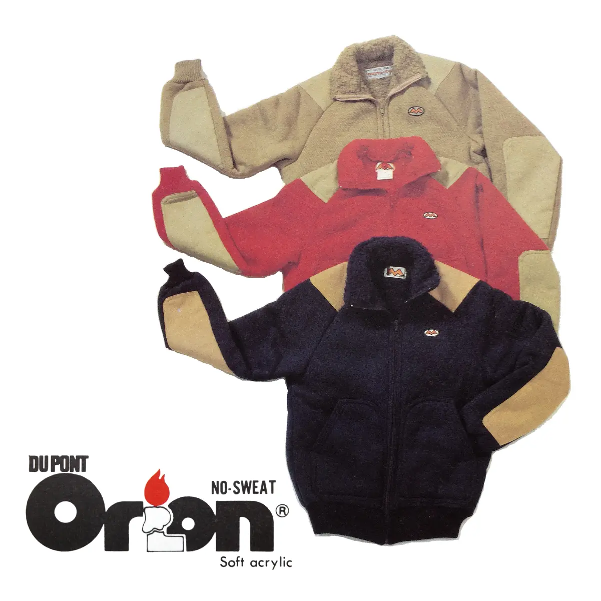 Three jackets made from DuPont's dry acrylic "Orlon" lined up in three colors (beige, red, black).