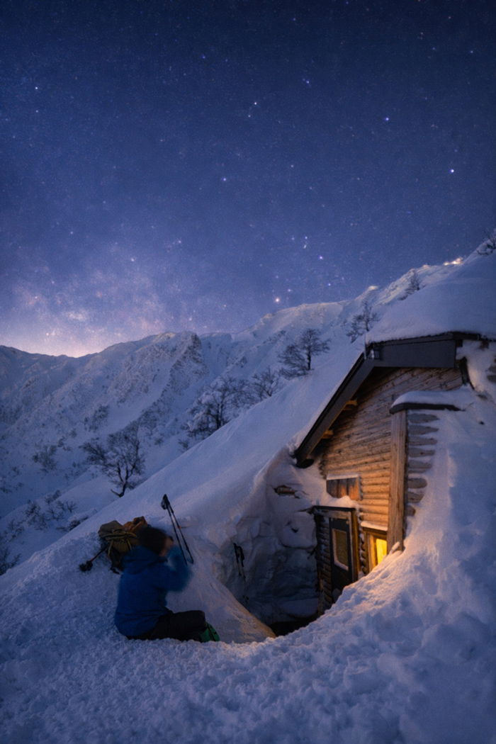 A hut buried in snow and a mountaineer under a starry sky