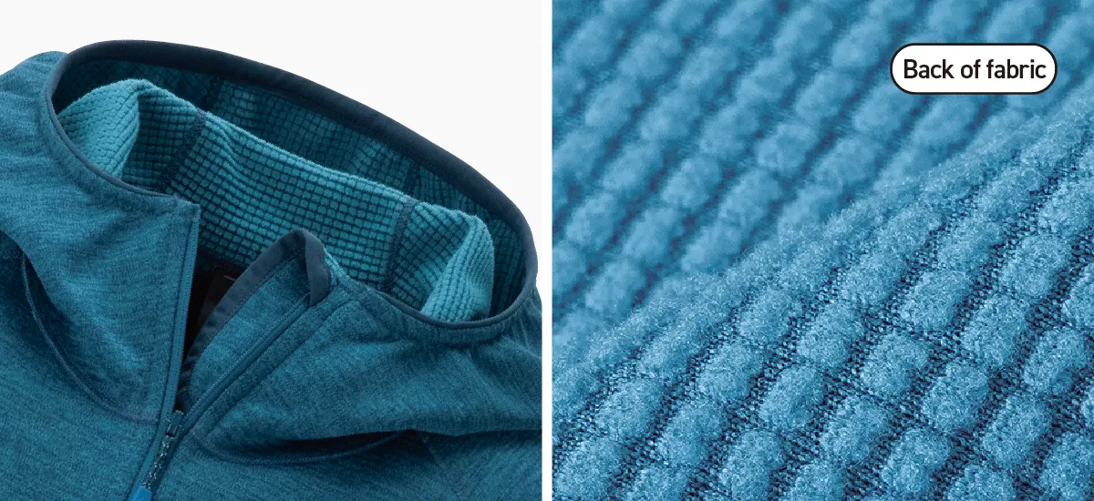 Close-up photographs of the exterior and interior surfaces of the CLIMAGRID Hooded Jacket 