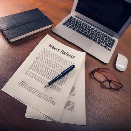 Scene of creating a news release. A desk with a PC, mouse, notebook, glasses, and news release paper.